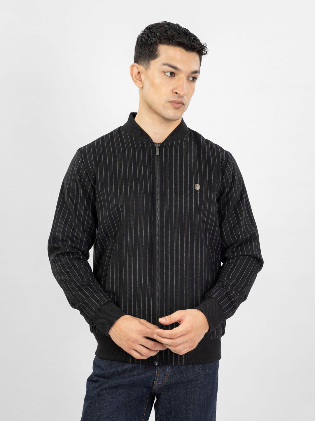 Brumano Pret Solids Polyester 1 Piece Black Striped Wool Bomber Jacket