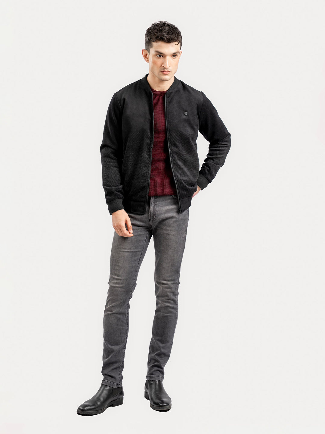 Brumano Pret Solids Polyester 1 Piece Black Two Tone Light Weight Wool Bomber Jacket