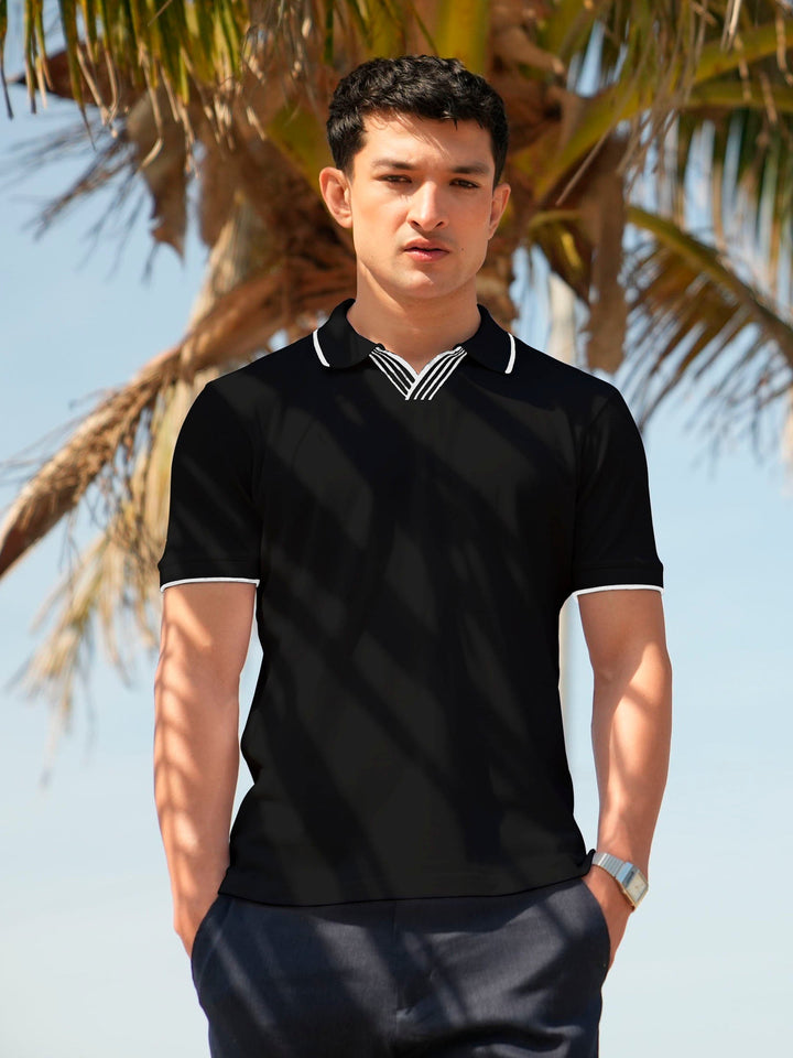Brumano  Solids Cotton Polo Black V-Placket Polo With Tipped Collar