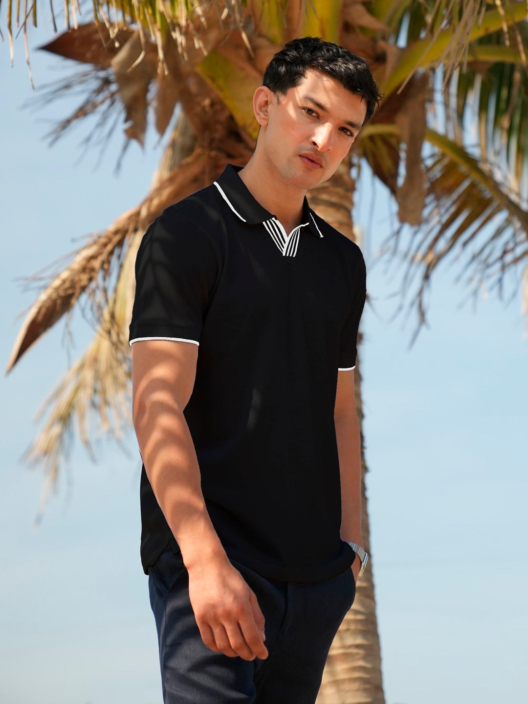 Brumano Mens RTW Solids Cotton Polo T-Shirt Black V-Placket Casual Collection