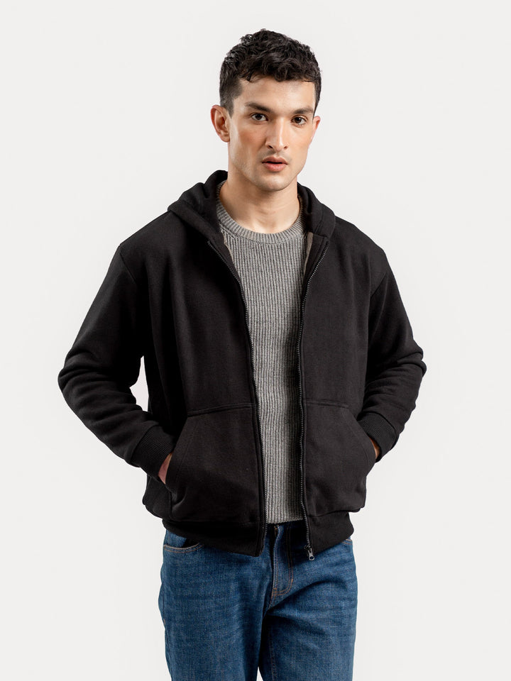 Brumano Mens RTW Solids Cotton 1 Piece Black Zipper Jacket Hoodie Winter Collection