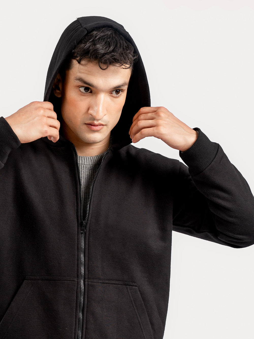Brumano Mens RTW Solids Cotton 1 Piece Black Zipper Jacket Hoodie Winter Collection