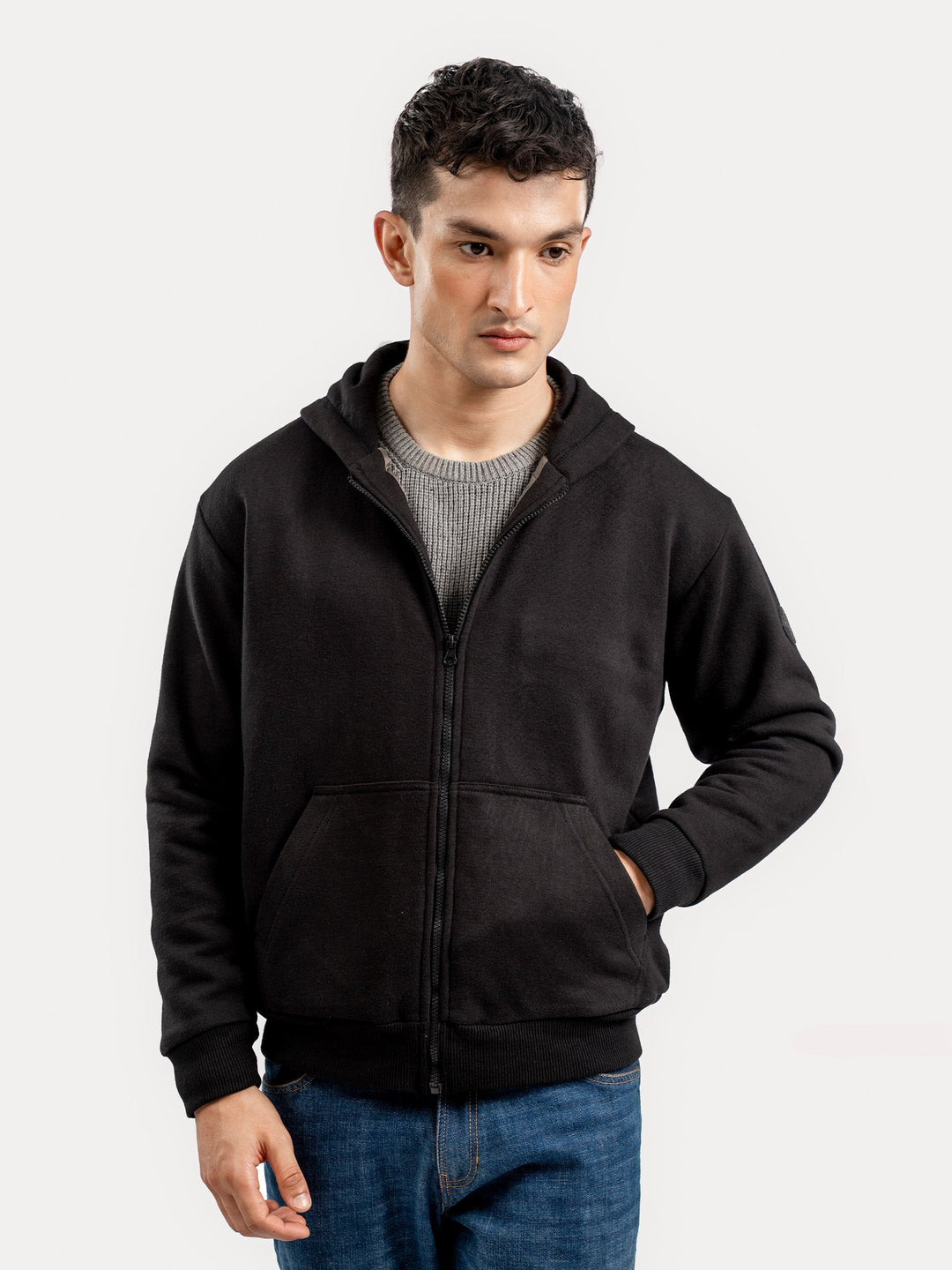 Brumano Mens RTW Solids Cotton 1 Piece Black Zipper Jacket Hoodie Winter Collection