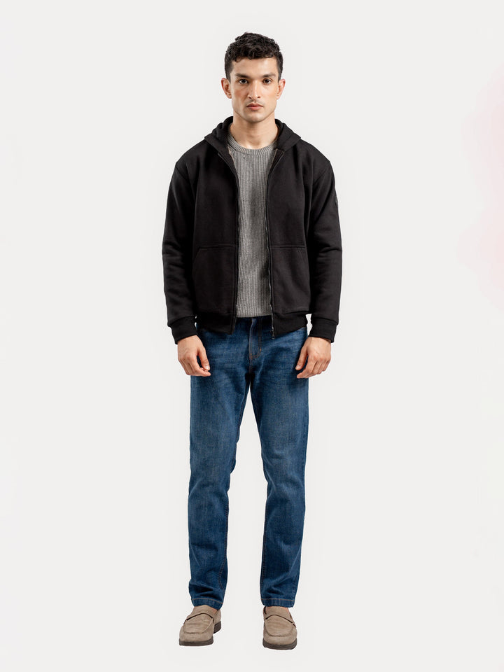 Brumano Mens RTW Solids Cotton 1 Piece Black Zipper Jacket Hoodie Winter Collection