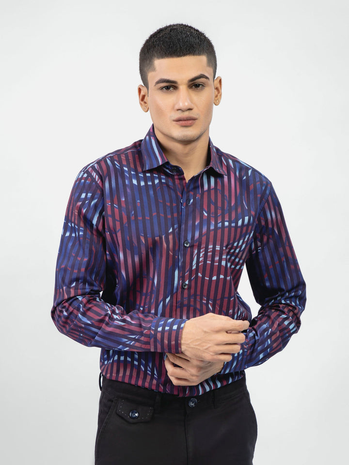 Brumano Ready To Wear Shirts Men 1 Piece Cotton Black & Burgundy Floral Printed Striped Shirt 0-31-024-4089 - Summer Collection