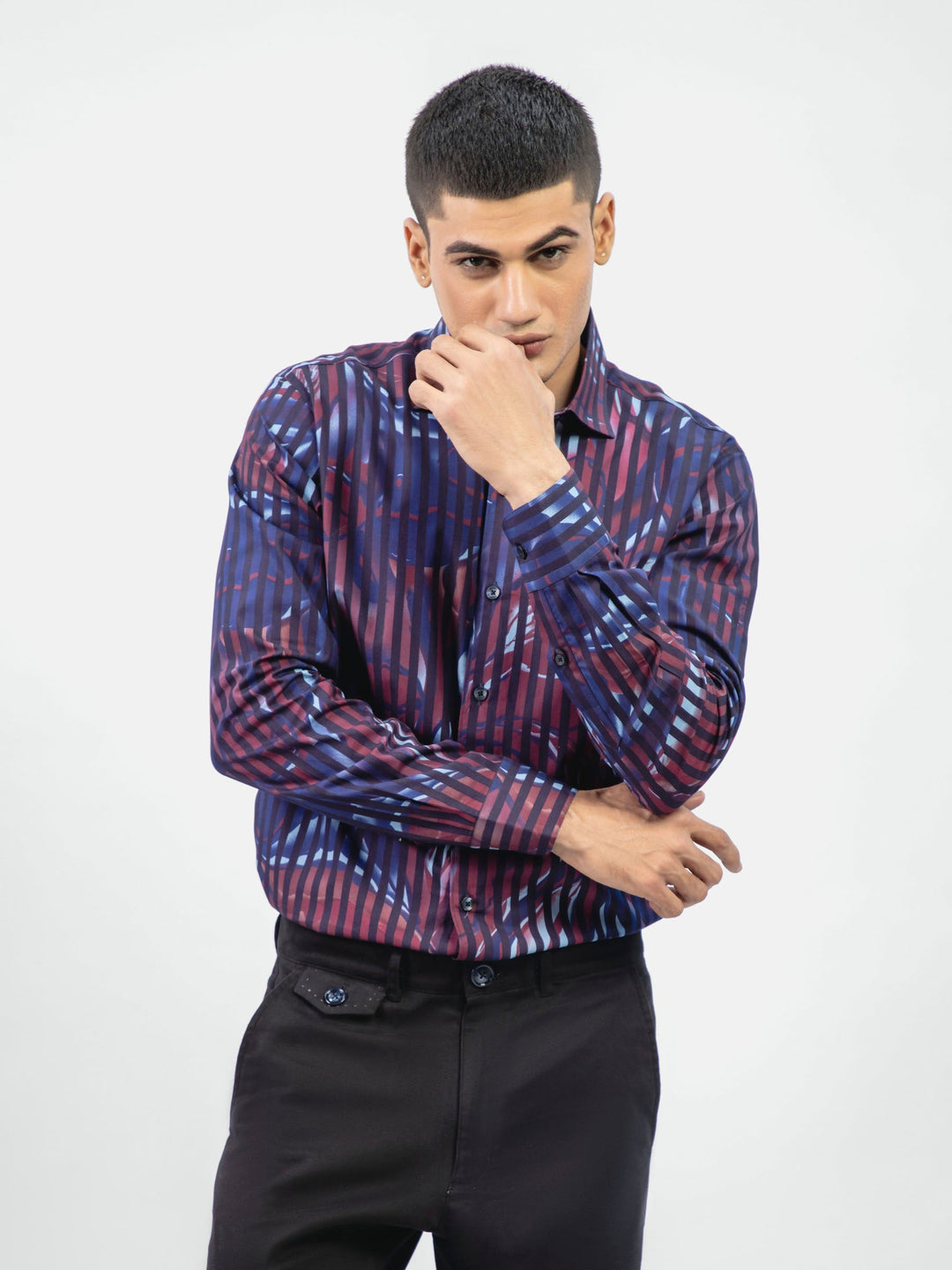 Brumano Ready To Wear Shirts Men 1 Piece Cotton Black & Burgundy Floral Printed Striped Shirt 0-31-024-4089 - Summer Collection