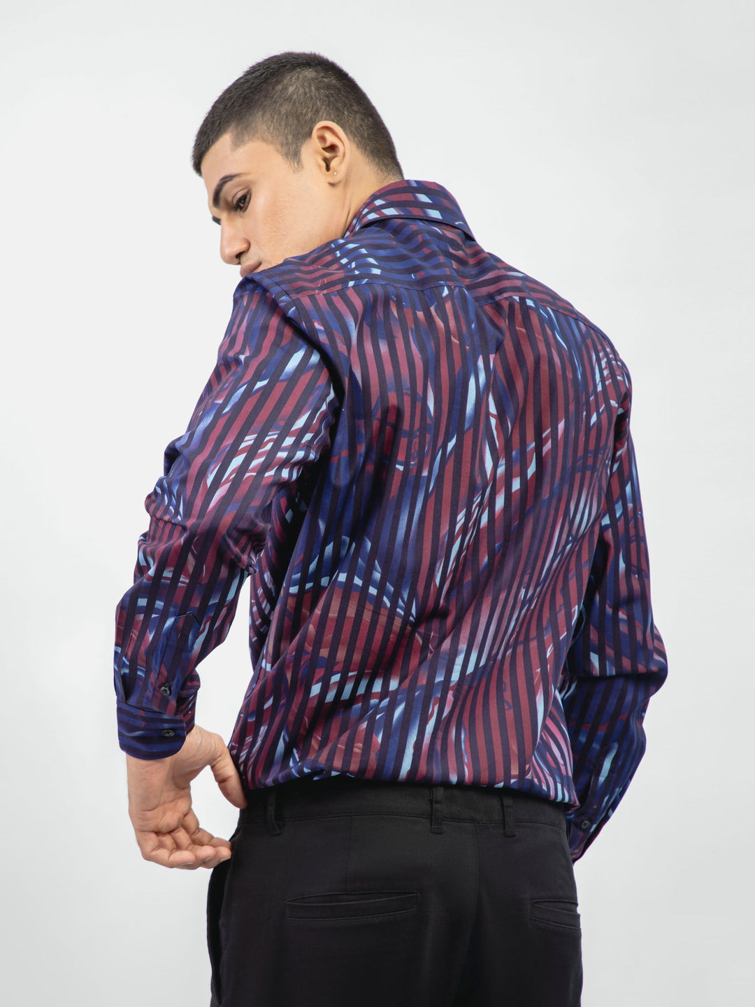 Brumano Ready To Wear Shirts Men 1 Piece Cotton Black & Burgundy Floral Printed Striped Shirt 0-31-024-4089 - Summer Collection