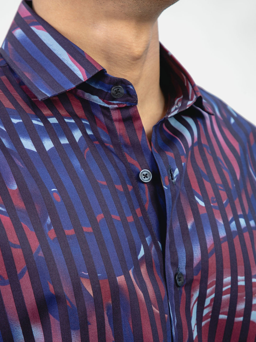 Brumano Ready To Wear Shirts Men 1 Piece Cotton Black & Burgundy Floral Printed Striped Shirt 0-31-024-4089 - Summer Collection