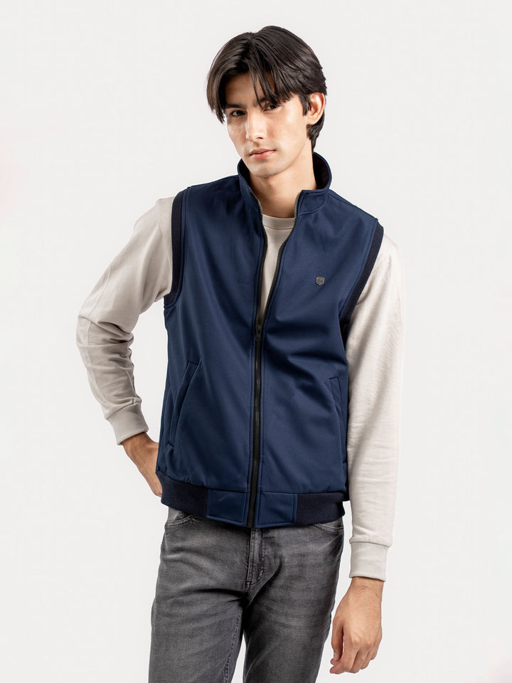 Brumano Mens RTW Solids Poly Jacket Blue Sleeveless Zipper Jacket Winter Collection