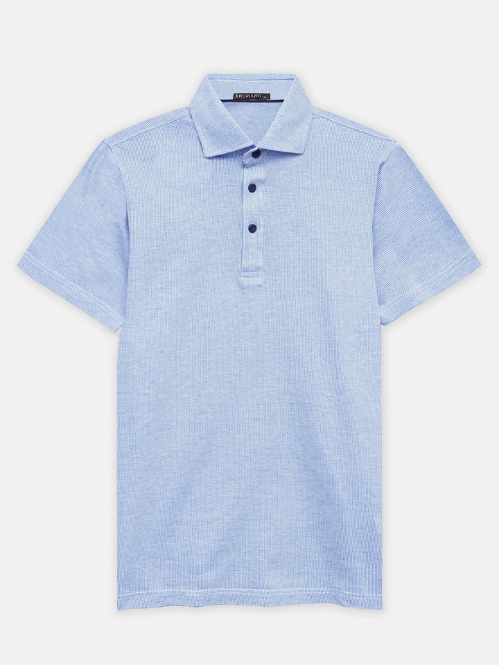 Brumano Mens RTW Solids Cotton Polo T-Shirt Blue Striped Cutaway Collar Casual Collection