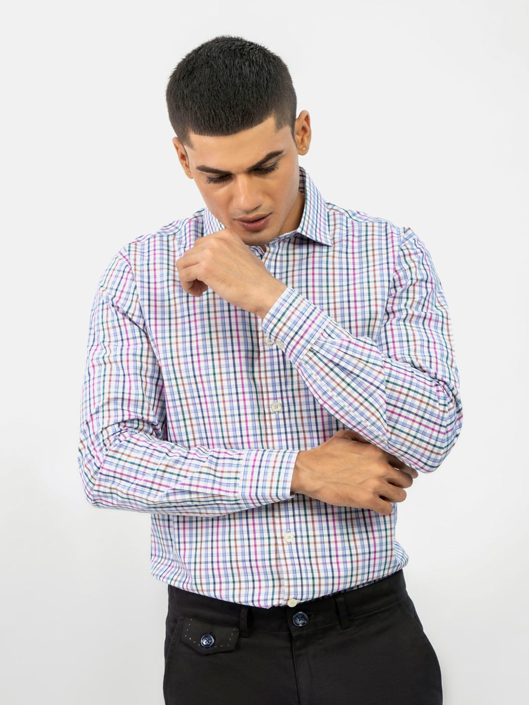 Brumano Ready To Wear Shirts Men 1 Piece Cotton Blue Checkered Formal Shirt With Classic Collar 0-31-024-5076 - Summer Collection