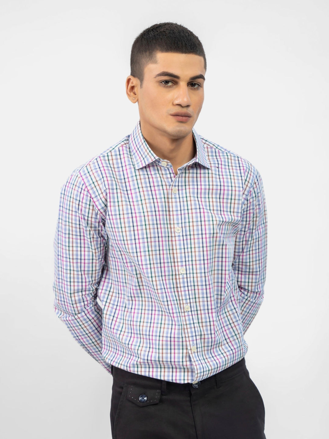 Brumano Mens RTW Solids Cotton Shirt Blue Checkered With Classic Collar Casual Collection