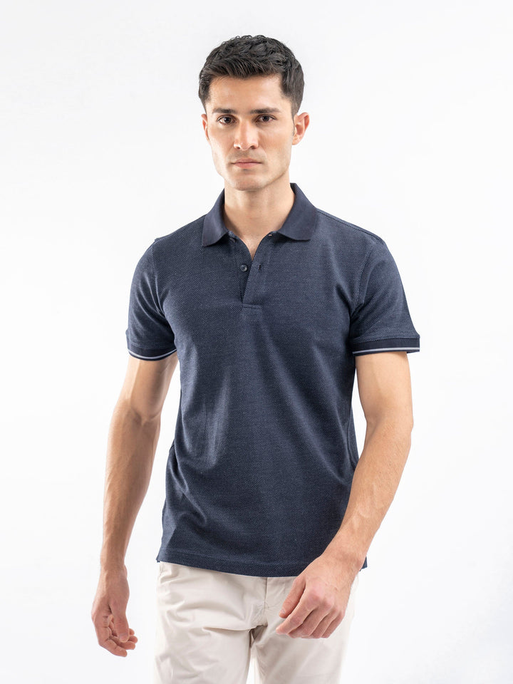 Brumano  Solids Cotton Polo Blue Dobby Structured Slimfit Polo