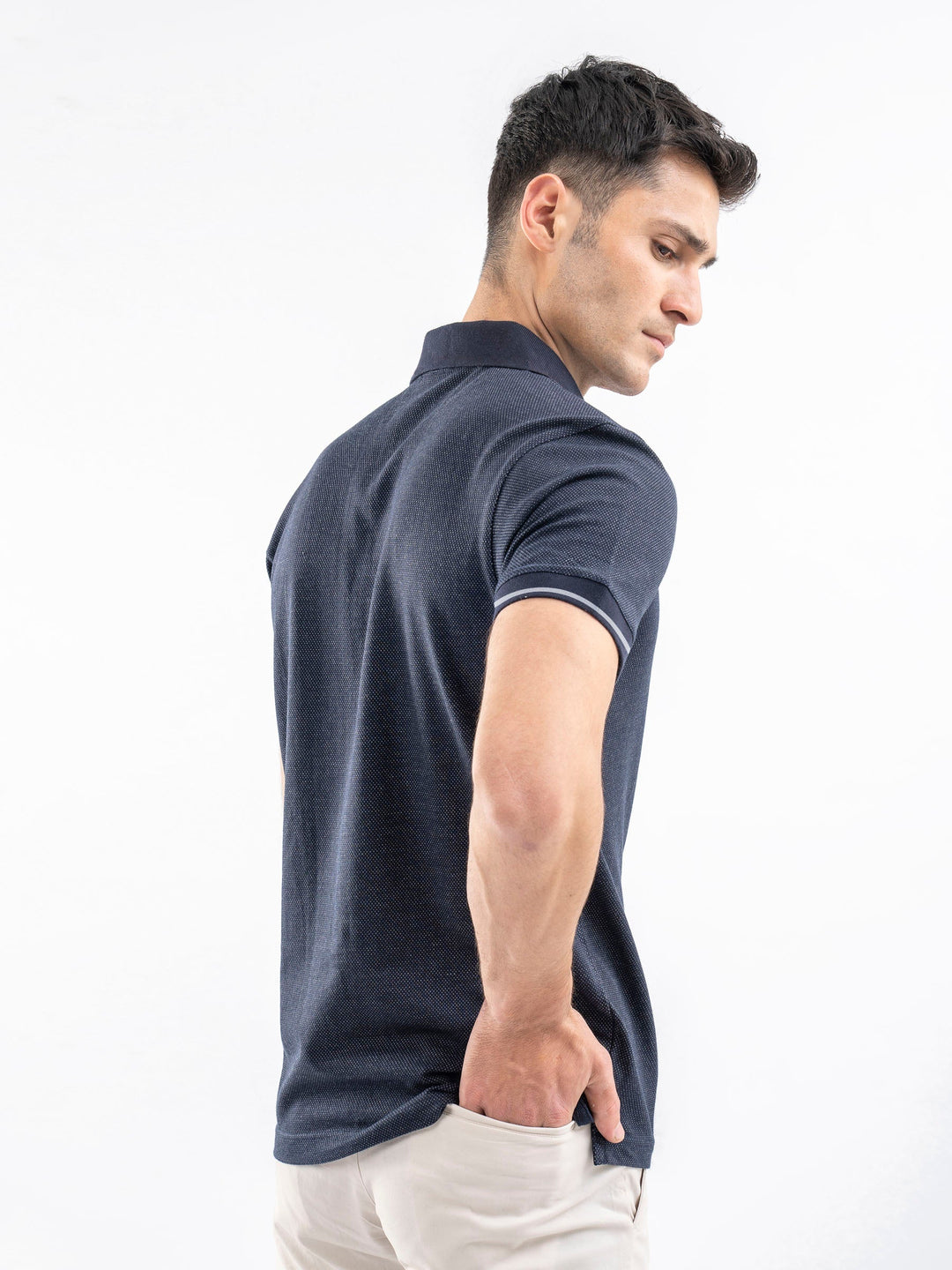 Brumano  Solids Cotton Polo Blue Dobby Structured Slimfit Polo