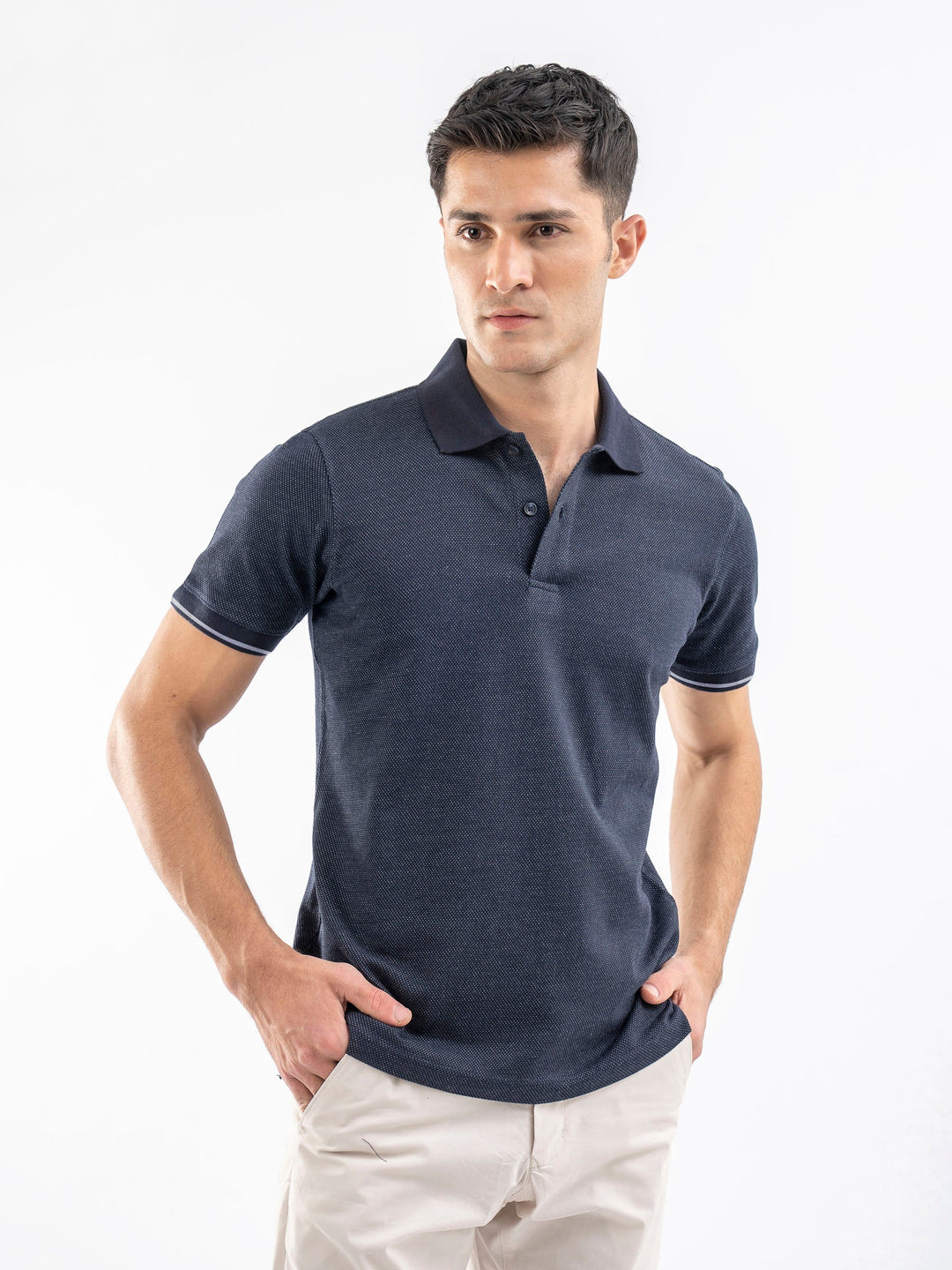 Brumano  Solids Cotton Polo Blue Dobby Structured Slimfit Polo