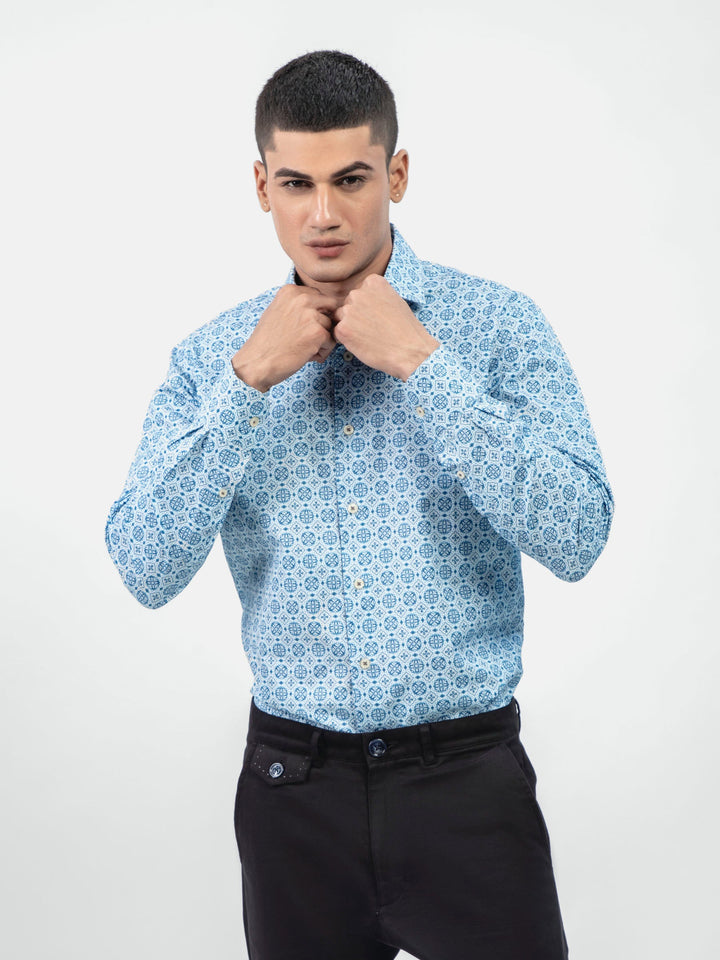 Brumano Ready To Wear Shirts Men 1 Piece Cotton Blue Geometric Printed Shirt With Shallow Collar Exclusive 0-32-024-1546 - Summer Collection