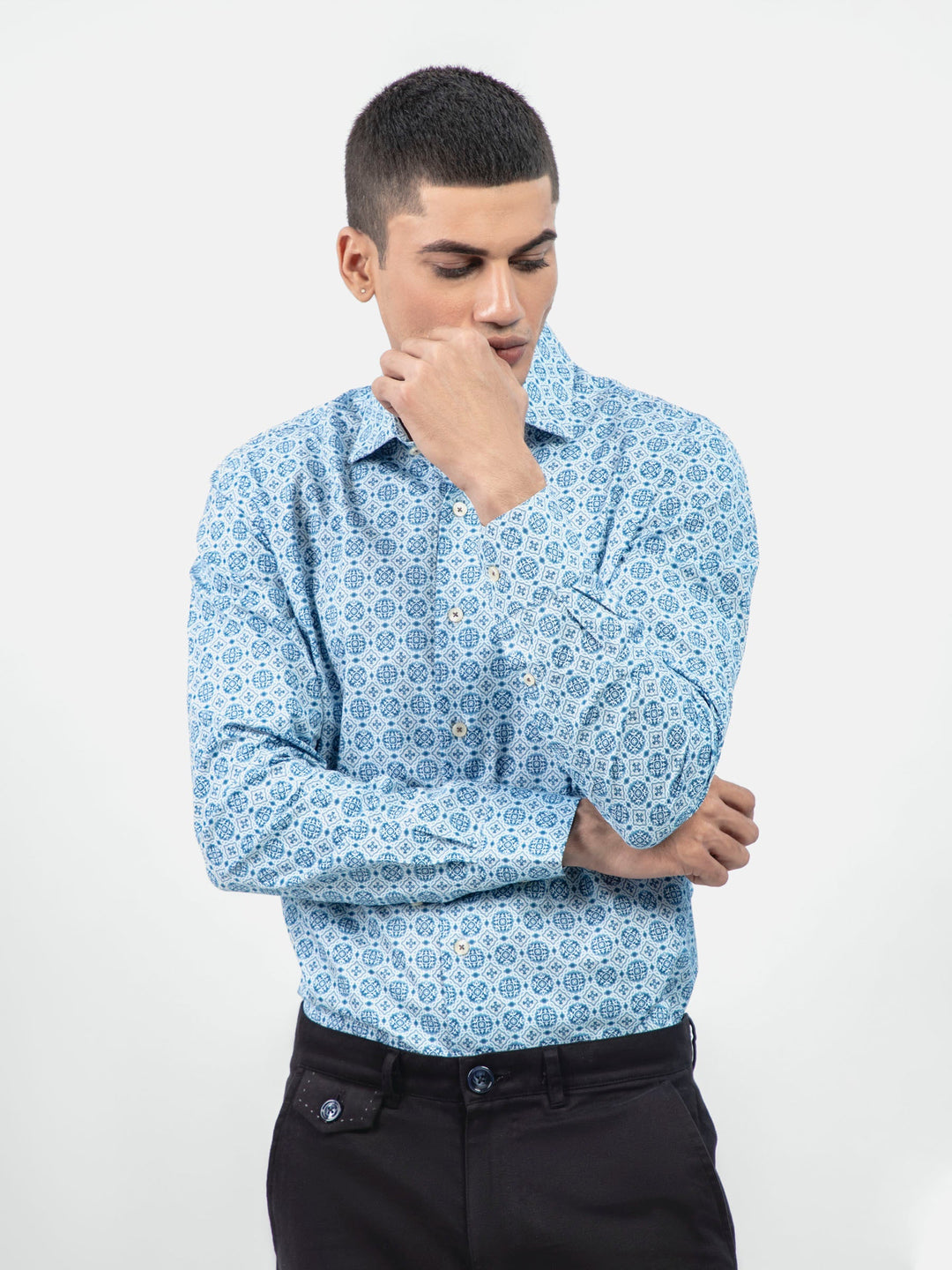Brumano Ready To Wear Shirts Men 1 Piece Cotton Blue Geometric Printed Shirt With Shallow Collar Exclusive 0-32-024-1546 - Summer Collection