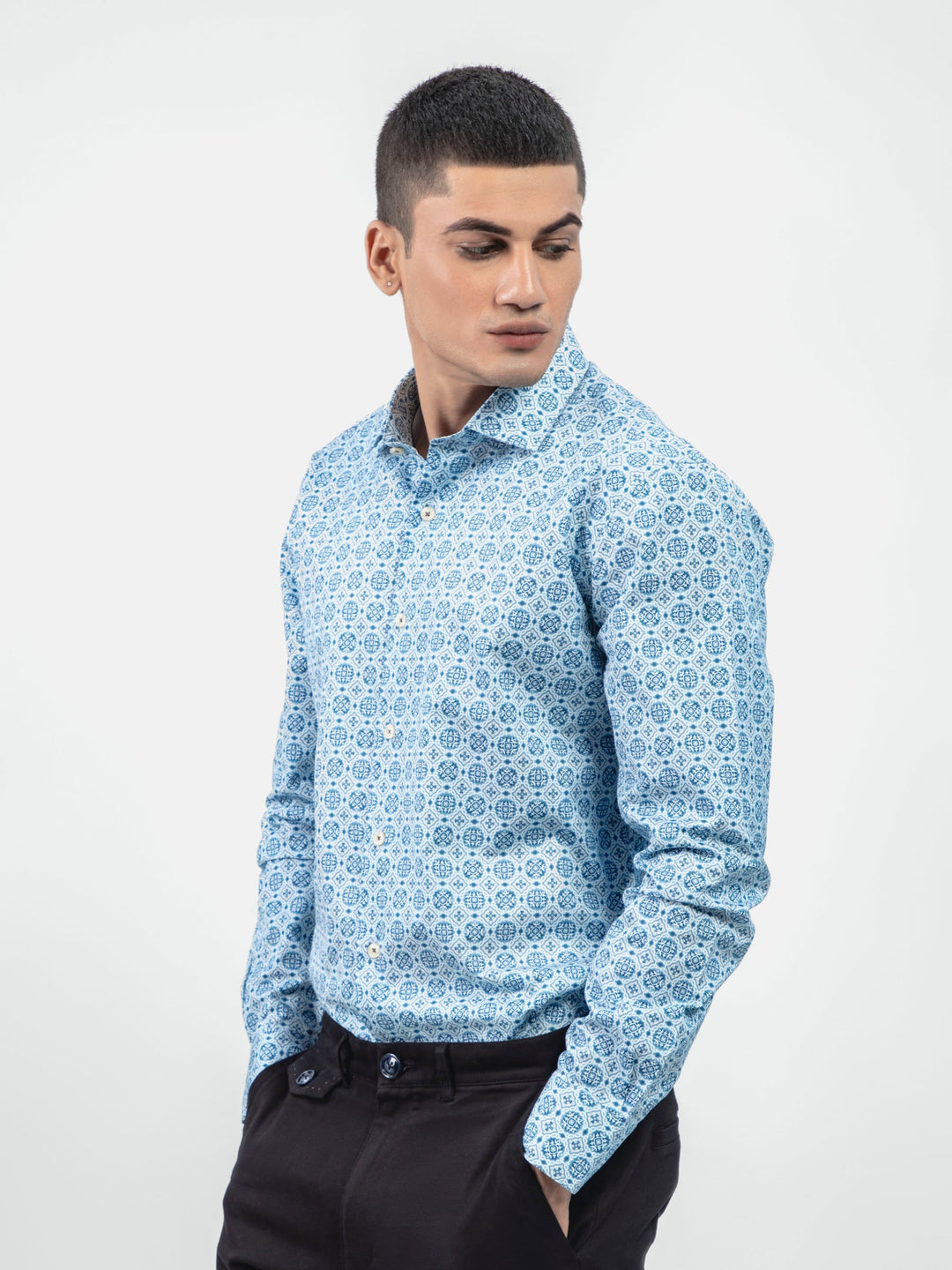 Brumano Mens RTW Solids Cotton Shirt Blue Geometric Print Shallow Collar Casual Collection