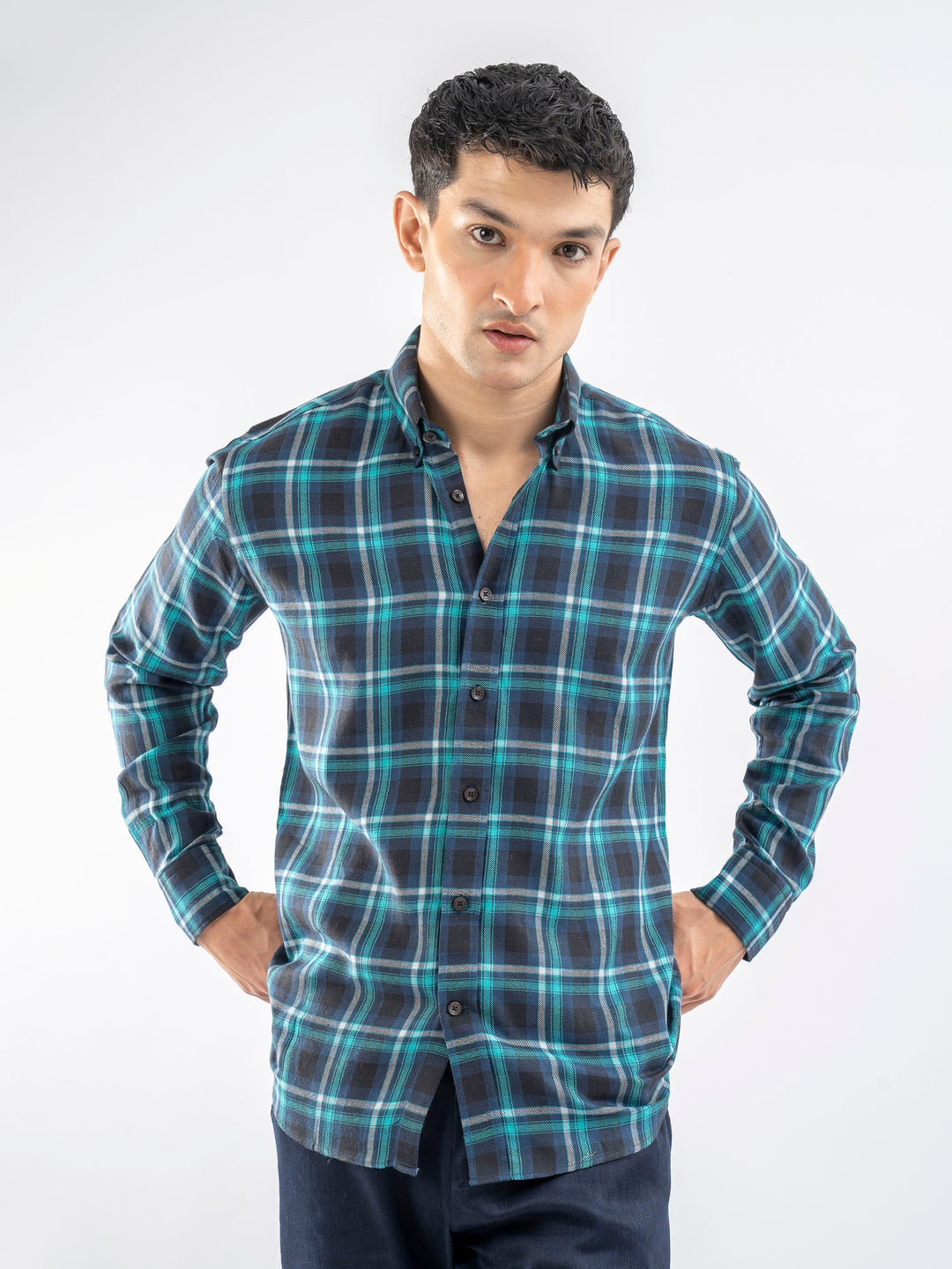 Brumano Mens RTW Solids Cotton Shirt Blue Light Weight Checkered Casual Collection