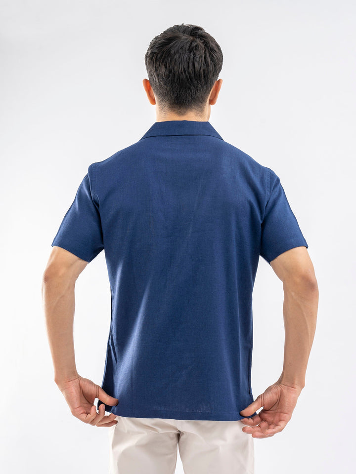 Brumano Ready To Wear Shirts Men 1 Piece Cotton Blue Linen Blended Half Sleeve Cuban Collar Shirt 0-33-025-4236 - Summer Collection