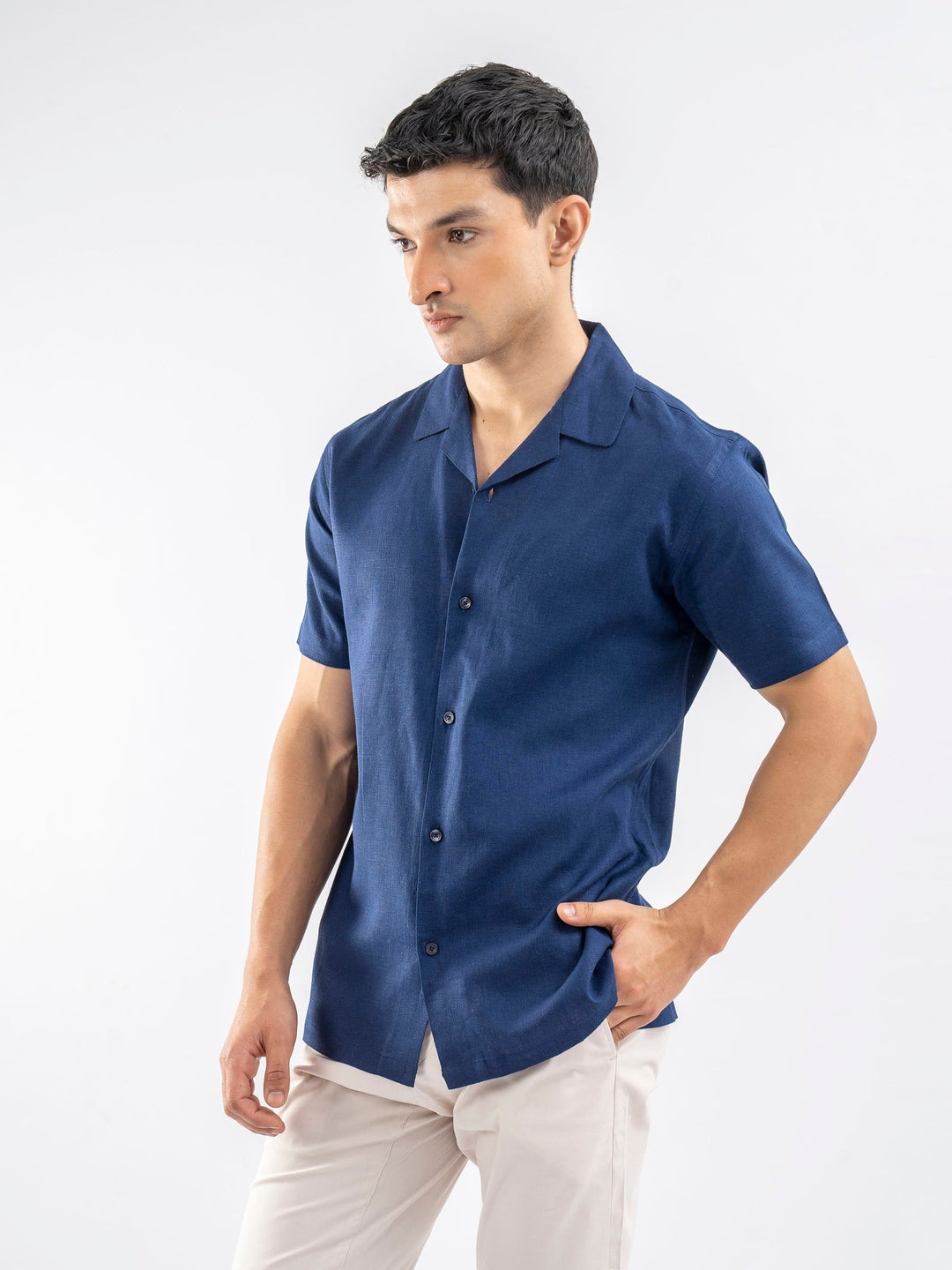 Brumano Ready To Wear Shirts Men 1 Piece Cotton Blue Linen Blended Half Sleeve Cuban Collar Shirt 0-33-025-4236 - Summer Collection