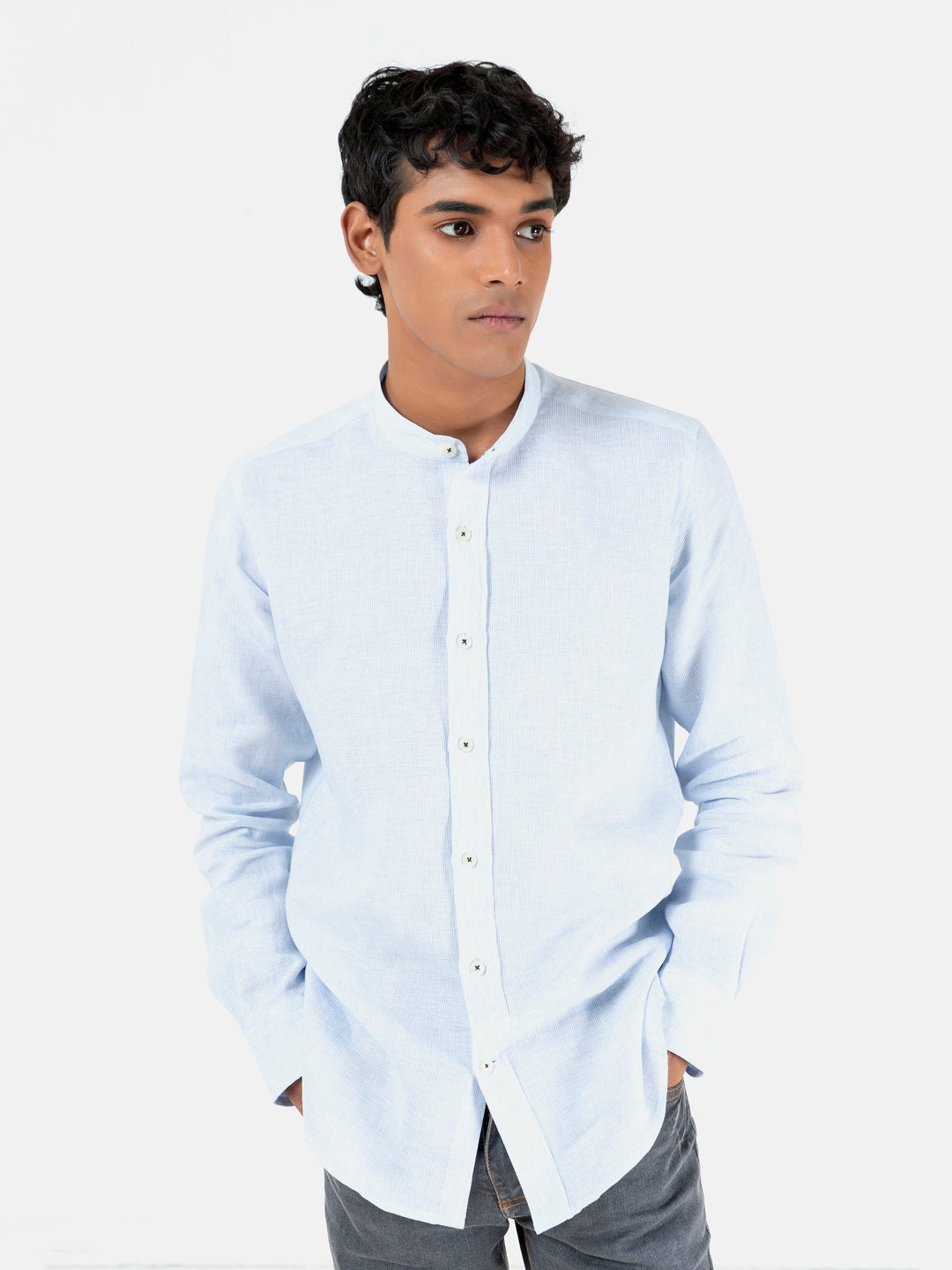 Brumano Ready To Wear Shirts Men 1 Piece Cotton Blue Pinstriped Mao Collar Linen Shirt 0-31-023-2190 - Summer Collection