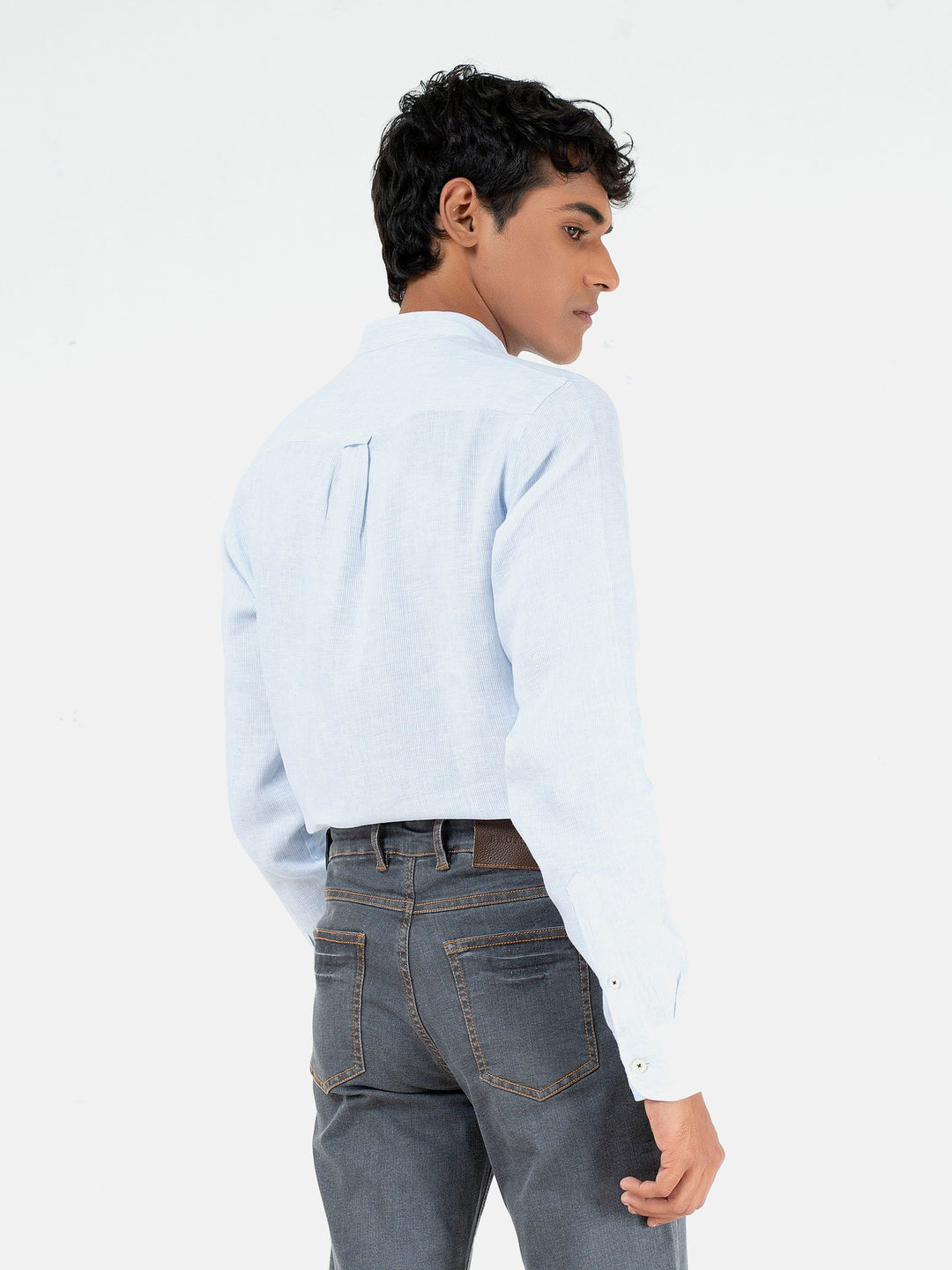 Brumano Ready To Wear Shirts Men 1 Piece Cotton Blue Pinstriped Mao Collar Linen Shirt 0-31-023-2190 - Summer Collection