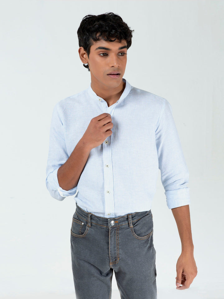 Brumano Ready To Wear Shirts Men 1 Piece Cotton Blue Pinstriped Mao Collar Linen Shirt 0-31-023-2190 - Summer Collection