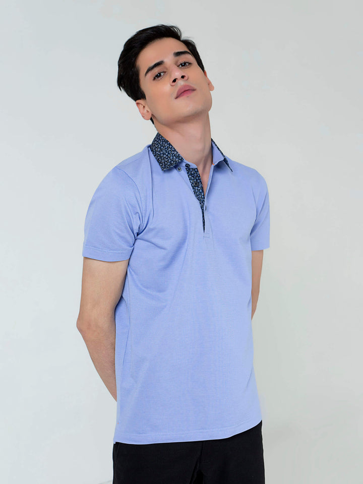 Brumano  Printed Cotton Polo Blue Pique Polo With Floral Printed Collar