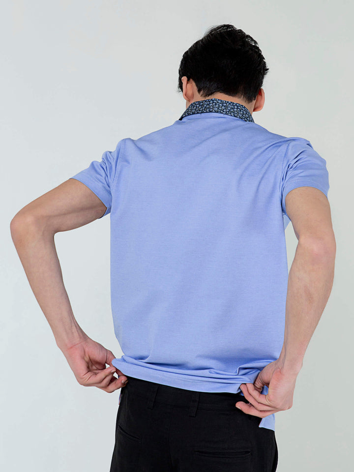 Brumano  Printed Cotton Polo Blue Pique Polo With Floral Printed Collar