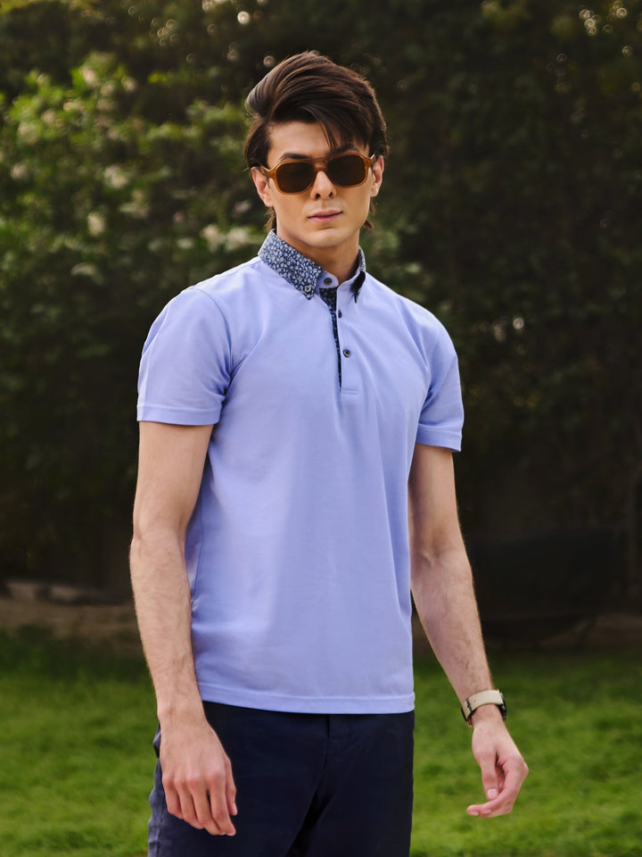 Brumano  Printed Cotton Polo Blue Pique Polo With Floral Printed Collar