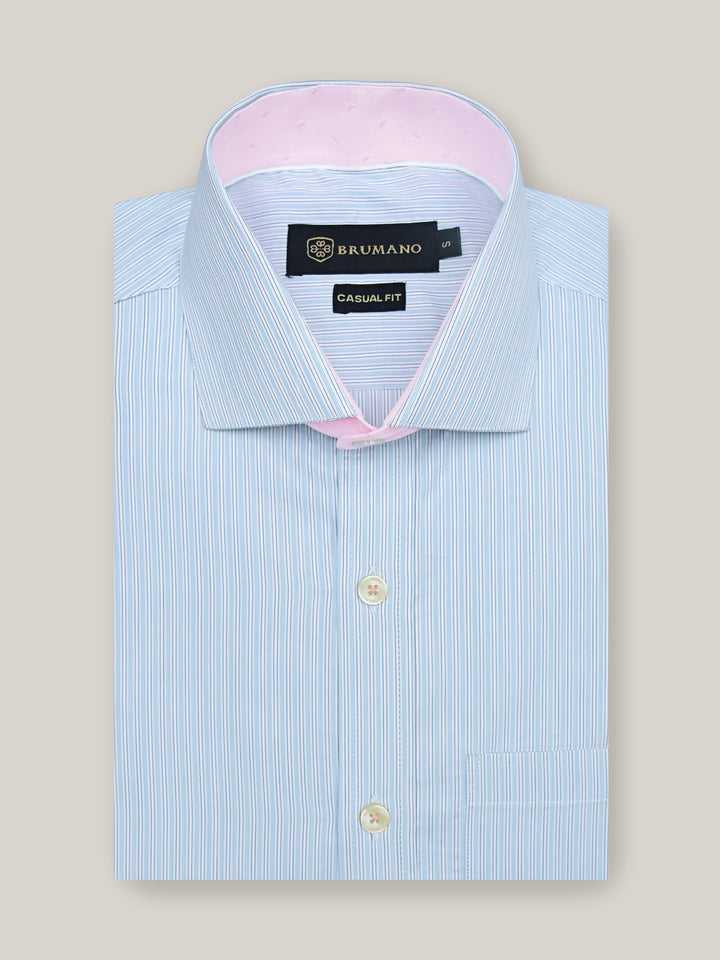 Brumano Ready To Wear Shirts Men 1 Piece Cotton Blue Striped Formal Shirt With Pink Detailing 0-31-023-1659 - Summer Collection