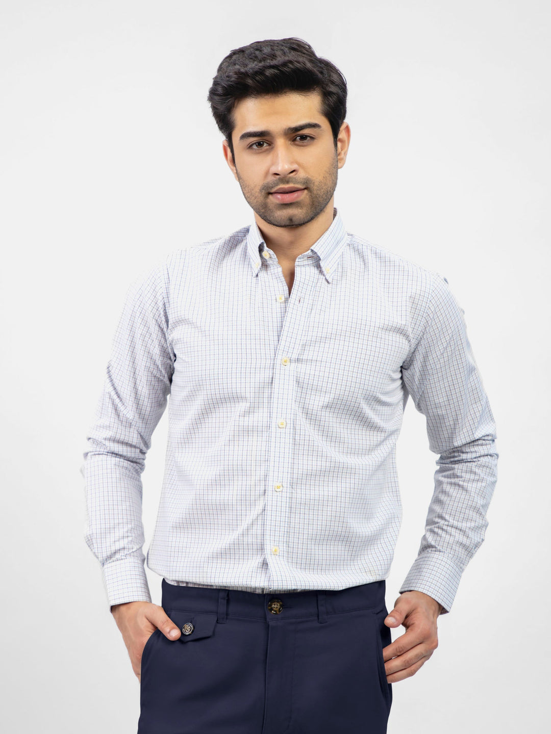 Brumano Ready To Wear Shirts Men 1 Piece Cotton Blue & Beige Checkered Formal Shirt 0-31-024-2357 - Summer Collection