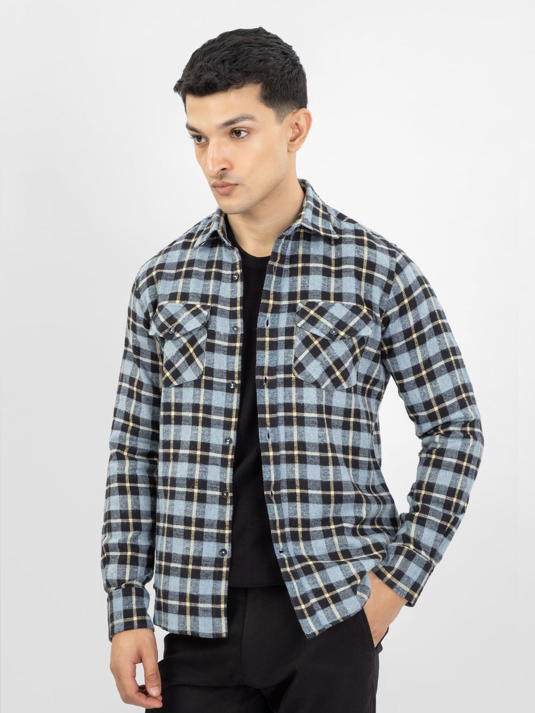 Brumano Ready To Wear Shirts Men 1 Piece Cotton Blue & Black Heavy Flannel Checkered Shirt 0-31-025-3923 - Summer Collection