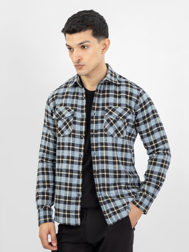 Brumano Ready To Wear Shirts Men 1 Piece Cotton Blue & Black Heavy Flannel Checkered Shirt 0-31-025-3923 - Summer Collection