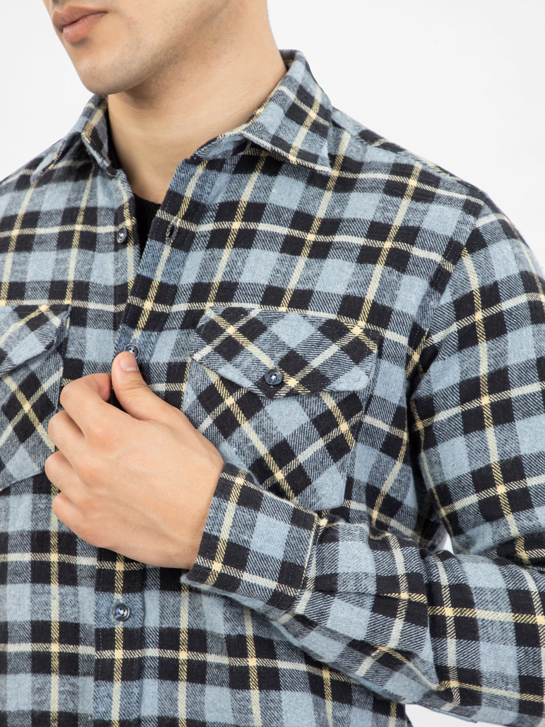 Brumano Ready To Wear Shirts Men 1 Piece Cotton Blue & Black Heavy Flannel Checkered Shirt 0-31-025-3923 - Summer Collection