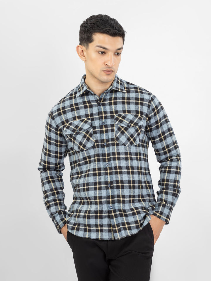 Brumano Ready To Wear Shirts Men 1 Piece Cotton Blue & Black Heavy Flannel Checkered Shirt 0-31-025-3923 - Summer Collection