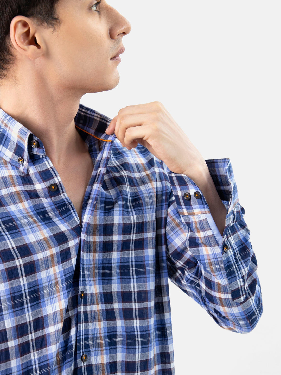 Brumano Ready To Wear Shirts Men 1 Piece Cotton Blue & Black Seersucked Checkered Shirt 0-31-024-3399 - Summer Collection