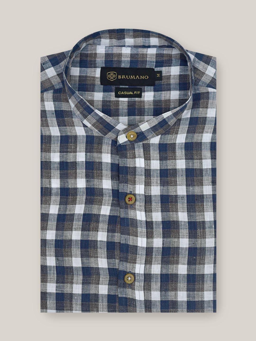 Brumano Ready To Wear Shirts Men 1 Piece Cotton Blue & Brown Linen Mao Collar Shirt 0-31-022-1690 - Summer Collection