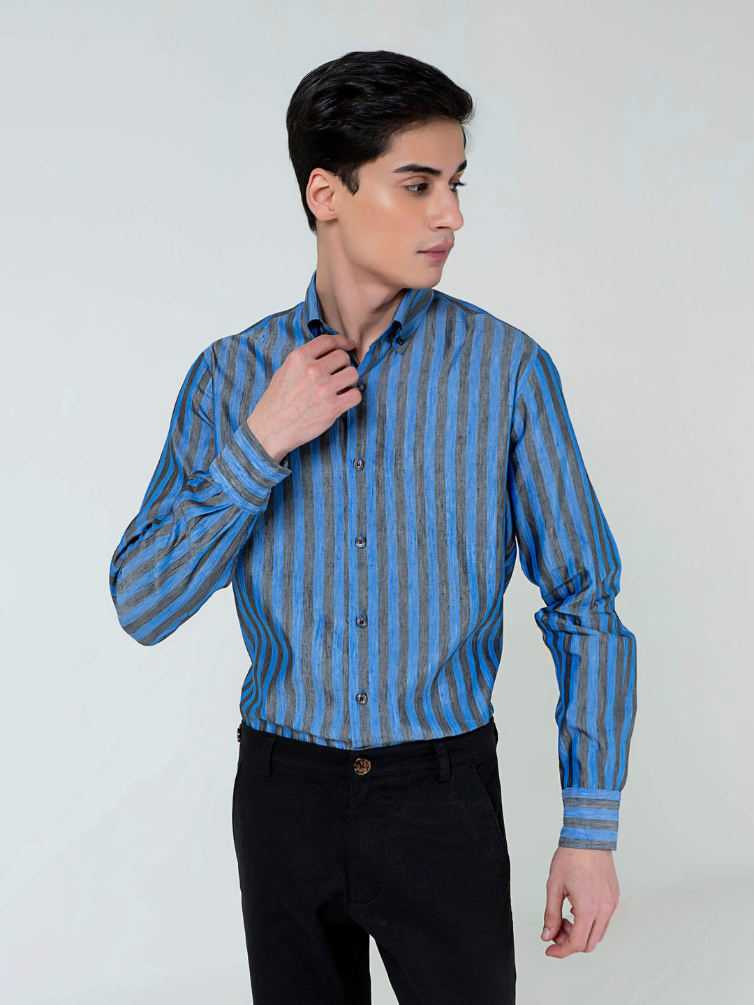 Brumano Ready To Wear Solids  Linen 1 Piece Men Blue & Grey Bold Striped Linen & Silk Shirt 0-31-023-2034 - Winter Collection