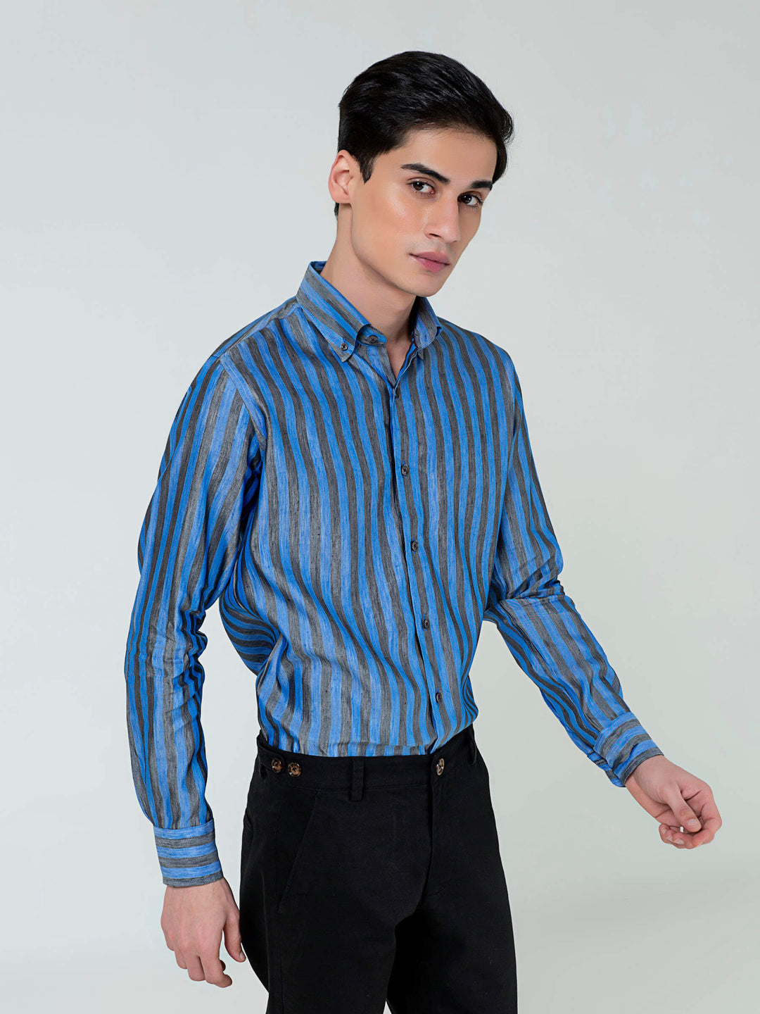 Brumano Ready To Wear Solids  Linen 1 Piece Men Blue & Grey Bold Striped Linen & Silk Shirt 0-31-023-2034 - Winter Collection