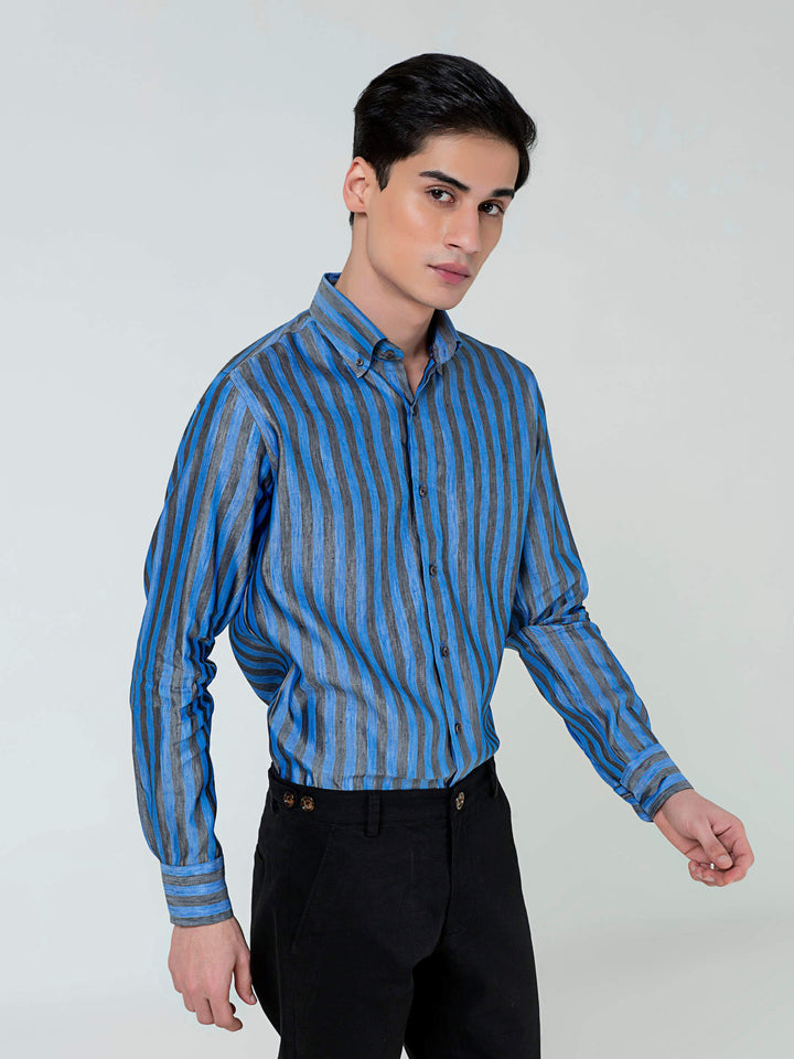 Brumano Ready To Wear Solids  Linen 1 Piece Men Blue & Grey Bold Striped Linen & Silk Shirt 0-31-023-2034 - Winter Collection