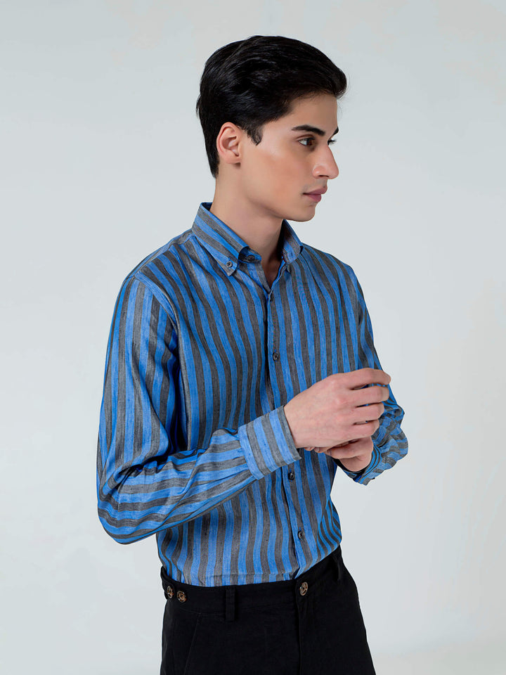 Brumano Ready To Wear Solids  Linen 1 Piece Men Blue & Grey Bold Striped Linen & Silk Shirt 0-31-023-2034 - Winter Collection