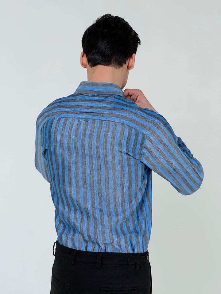 Brumano Ready To Wear Solids  Linen 1 Piece Men Blue & Grey Bold Striped Linen & Silk Shirt 0-31-023-2034 - Winter Collection