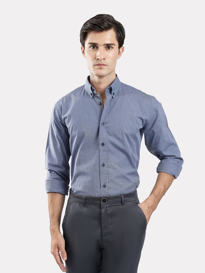 Brumano Ready To Wear Shirts Men 1 Piece Cotton Blue & Grey Gingham Button Down Shirt 0-31-025-4698 - Summer Collection