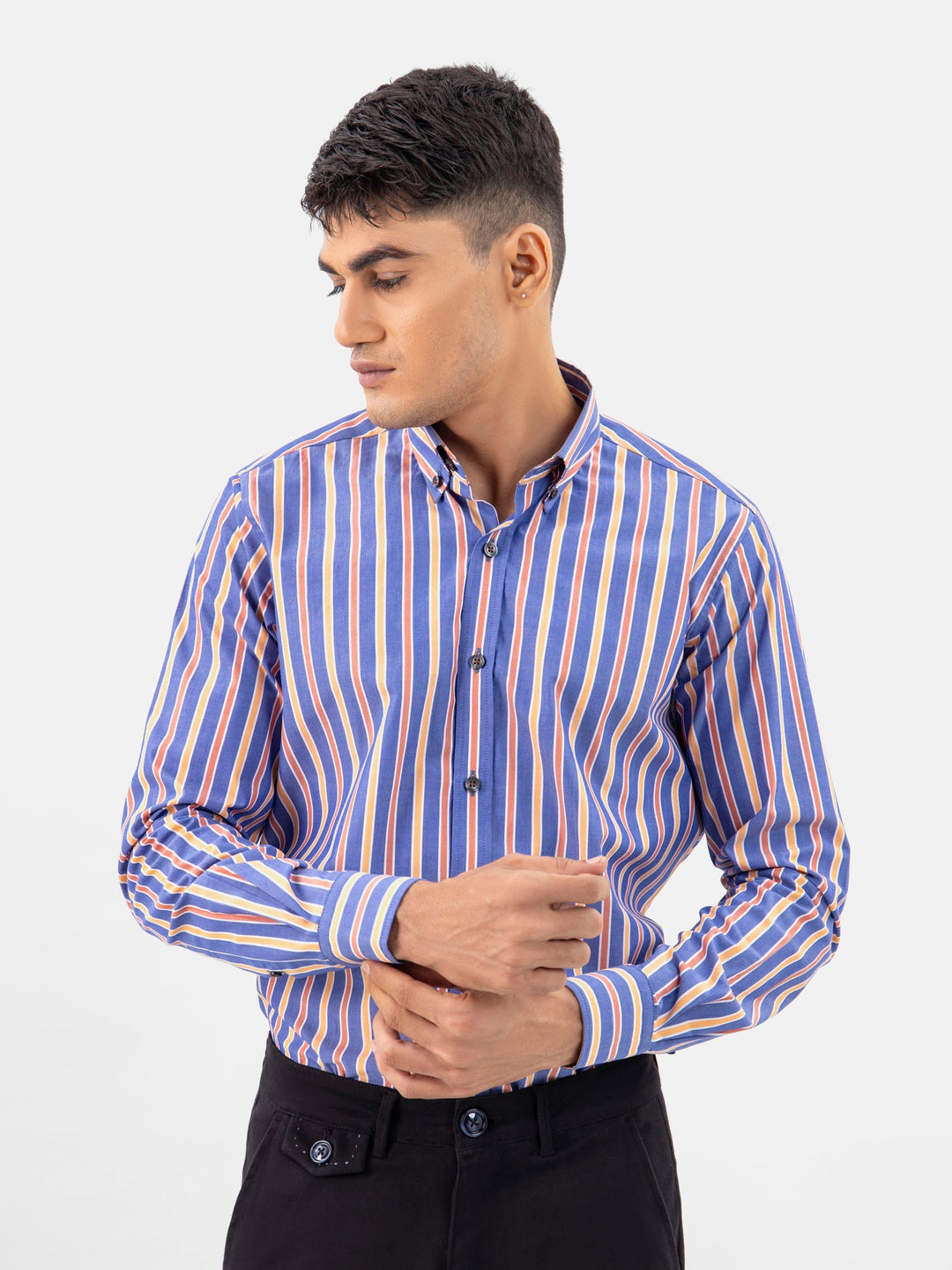 Brumano Ready To Wear Shirts Men 1 Piece Cotton Blue & Orange Bold Striped button Down Shirt 0-31-024-5079 - Summer Collection