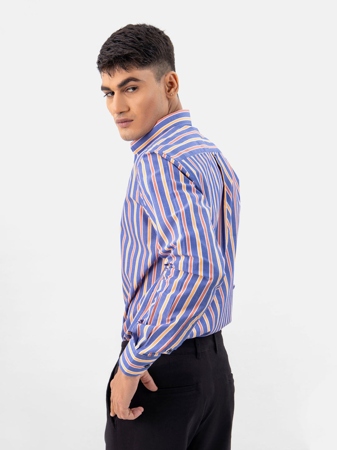 Brumano Ready To Wear Shirts Men 1 Piece Cotton Blue & Orange Bold Striped button Down Shirt 0-31-024-5079 - Summer Collection