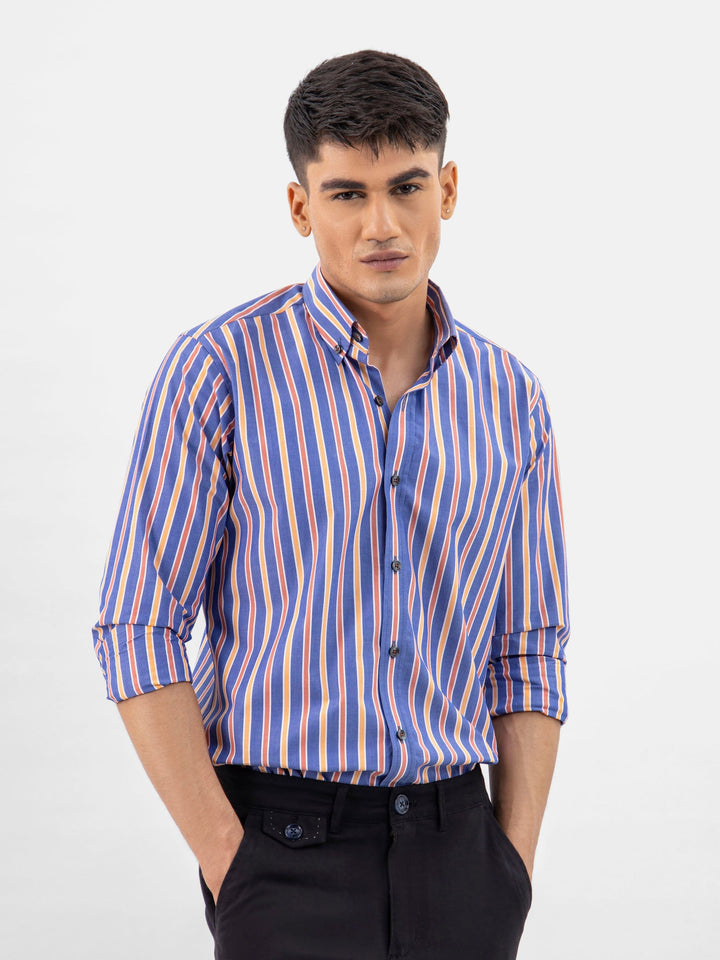 Brumano Ready To Wear Shirts Men 1 Piece Cotton Blue & Orange Bold Striped button Down Shirt 0-31-024-5079 - Summer Collection