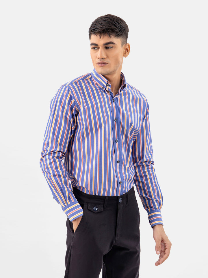 Brumano Ready To Wear Shirts Men 1 Piece Cotton Blue & Orange Bold Striped button Down Shirt 0-31-024-5079 - Summer Collection