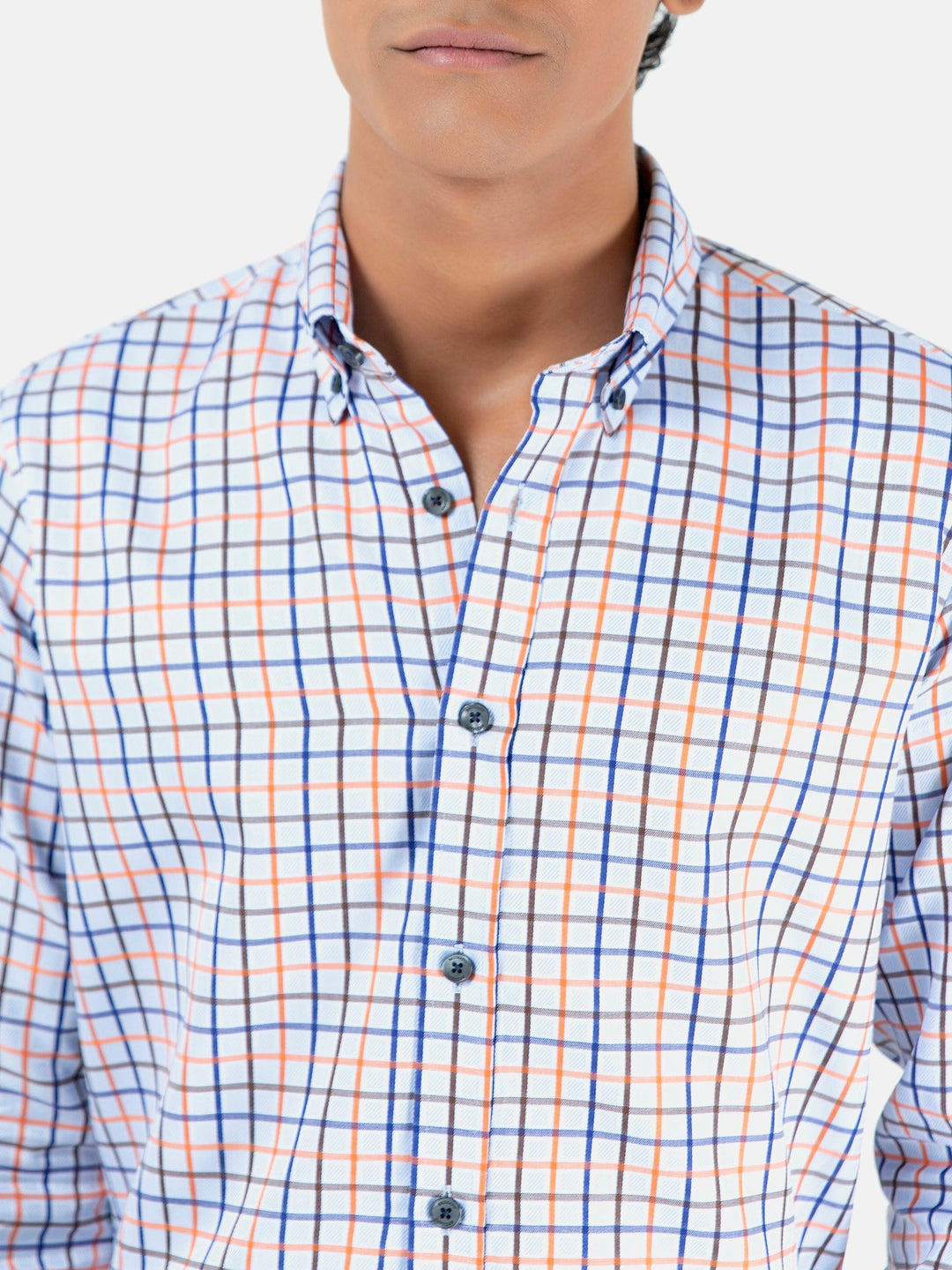 Brumano Ready To Wear Shirts Men 1 Piece Cotton Blue & Orange Windowpane Checkered Button Down Shirt 0-31-023-2100 - Summer Collection